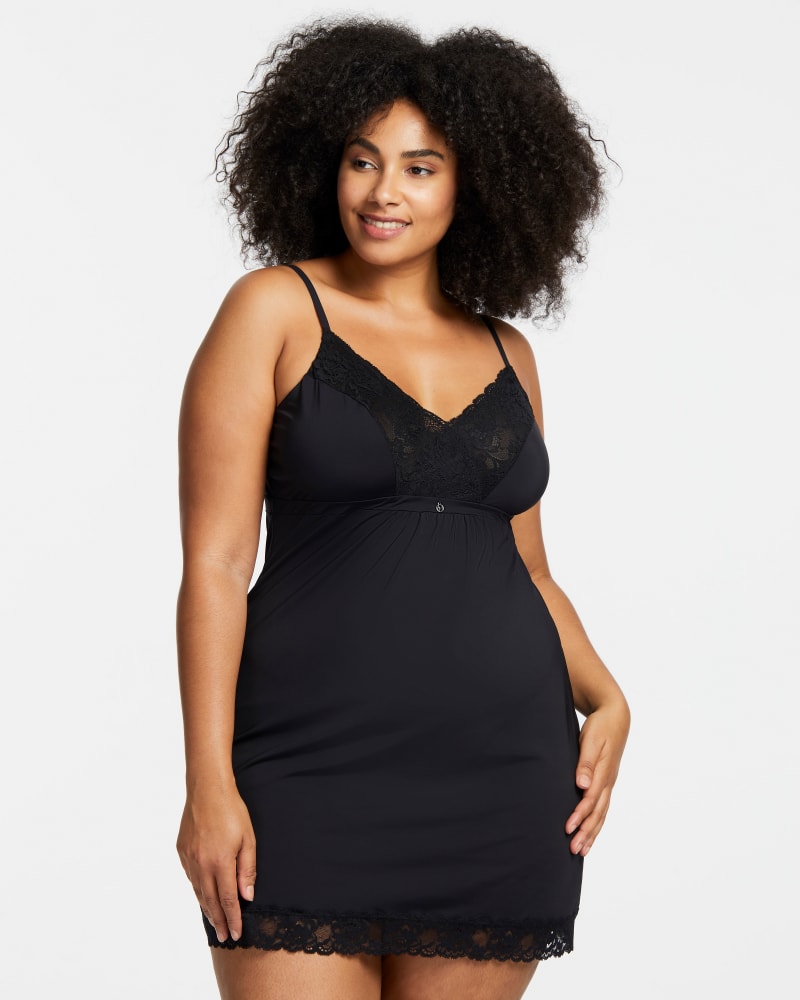 Front of a model wearing a size XL Bust Support Chemise in Black by Montelle. | dia_product_style_image_id:184893